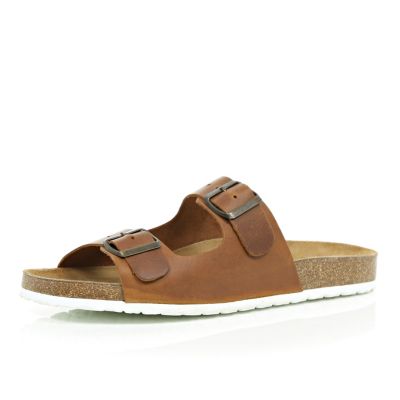 Brown leather double buckle sandals
